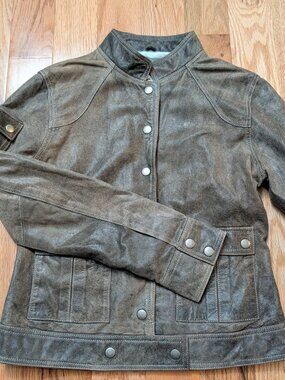 Fossil Womens M Genuine Leather Jacket Brown Vintage Distressed Snap Pockets